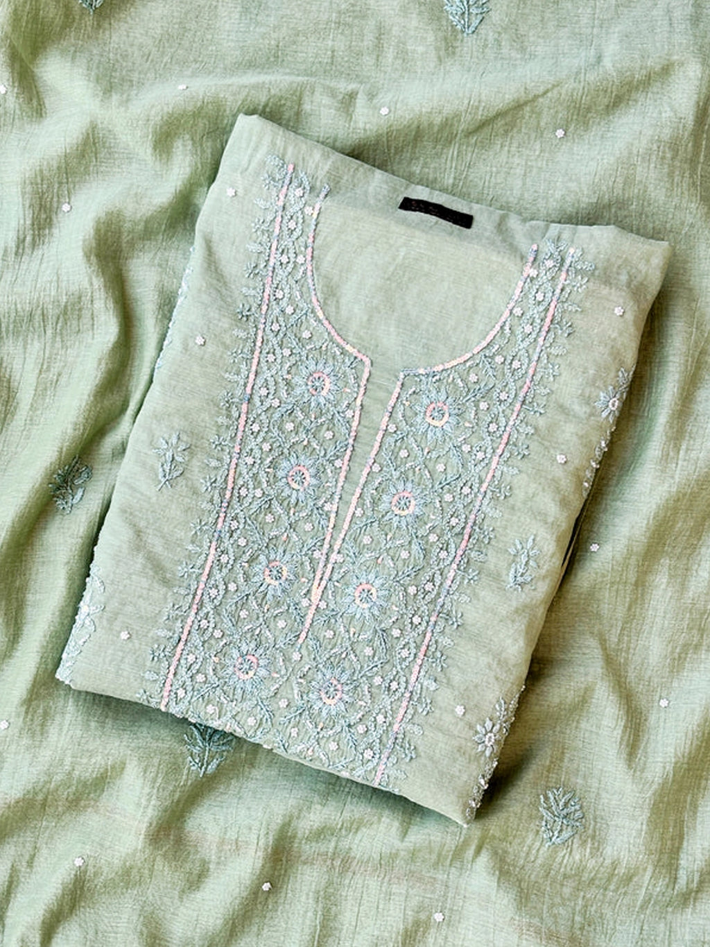Pista Green Mul Chanderi Chikankari Un-stitched Kurti Piece with Dupatta