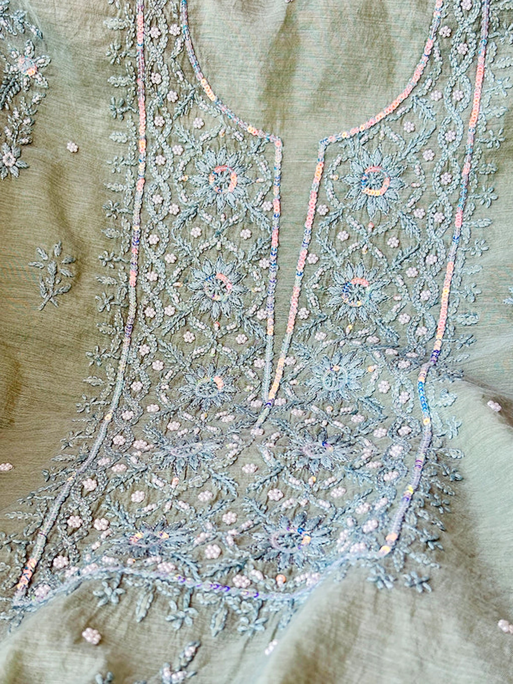Pista Green Mul Chanderi Chikankari Un-stitched Kurti Piece with Dupatta