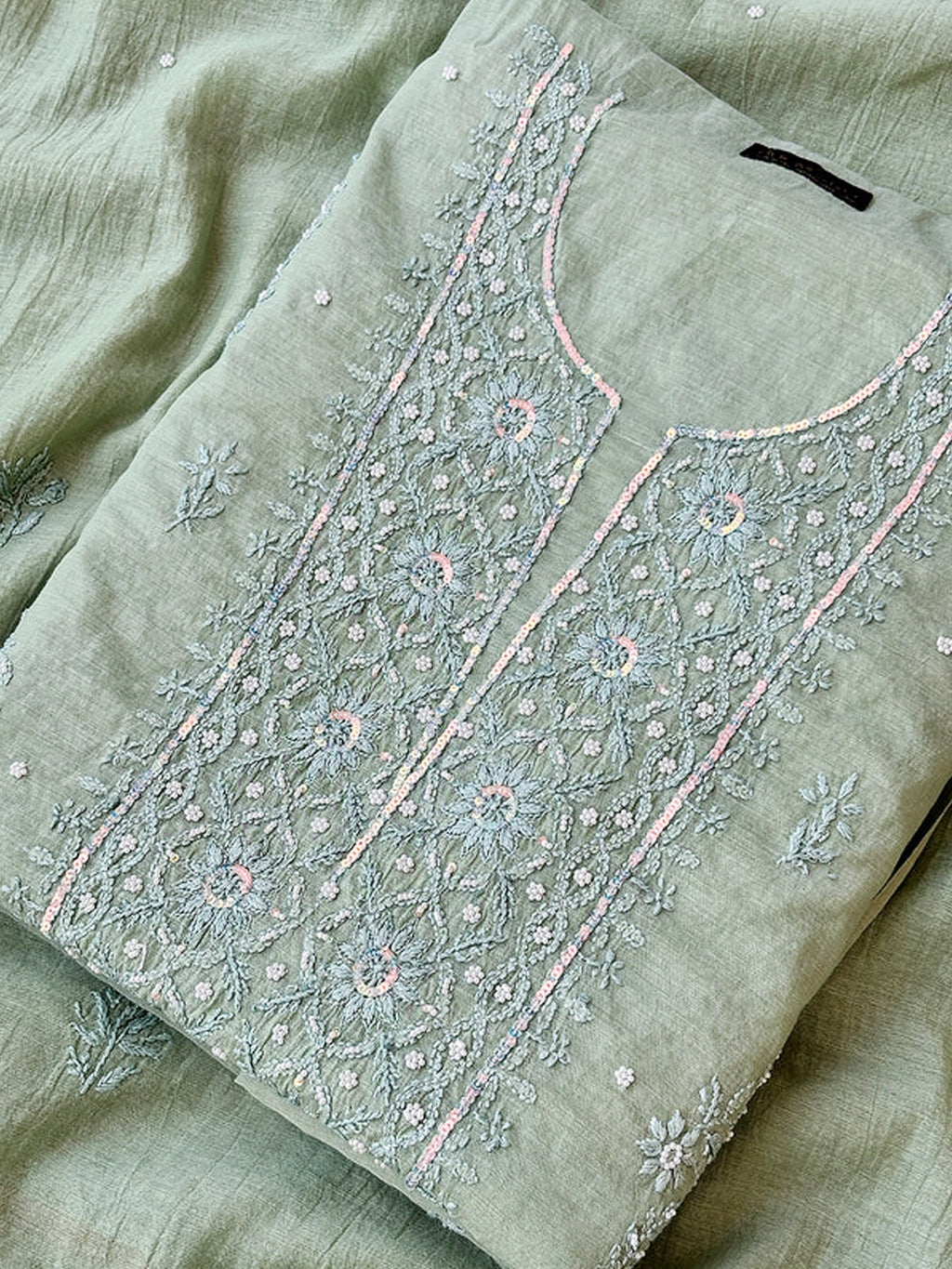 Pista Green Mul Chanderi Chikankari Un-stitched Kurti Piece with Dupatta