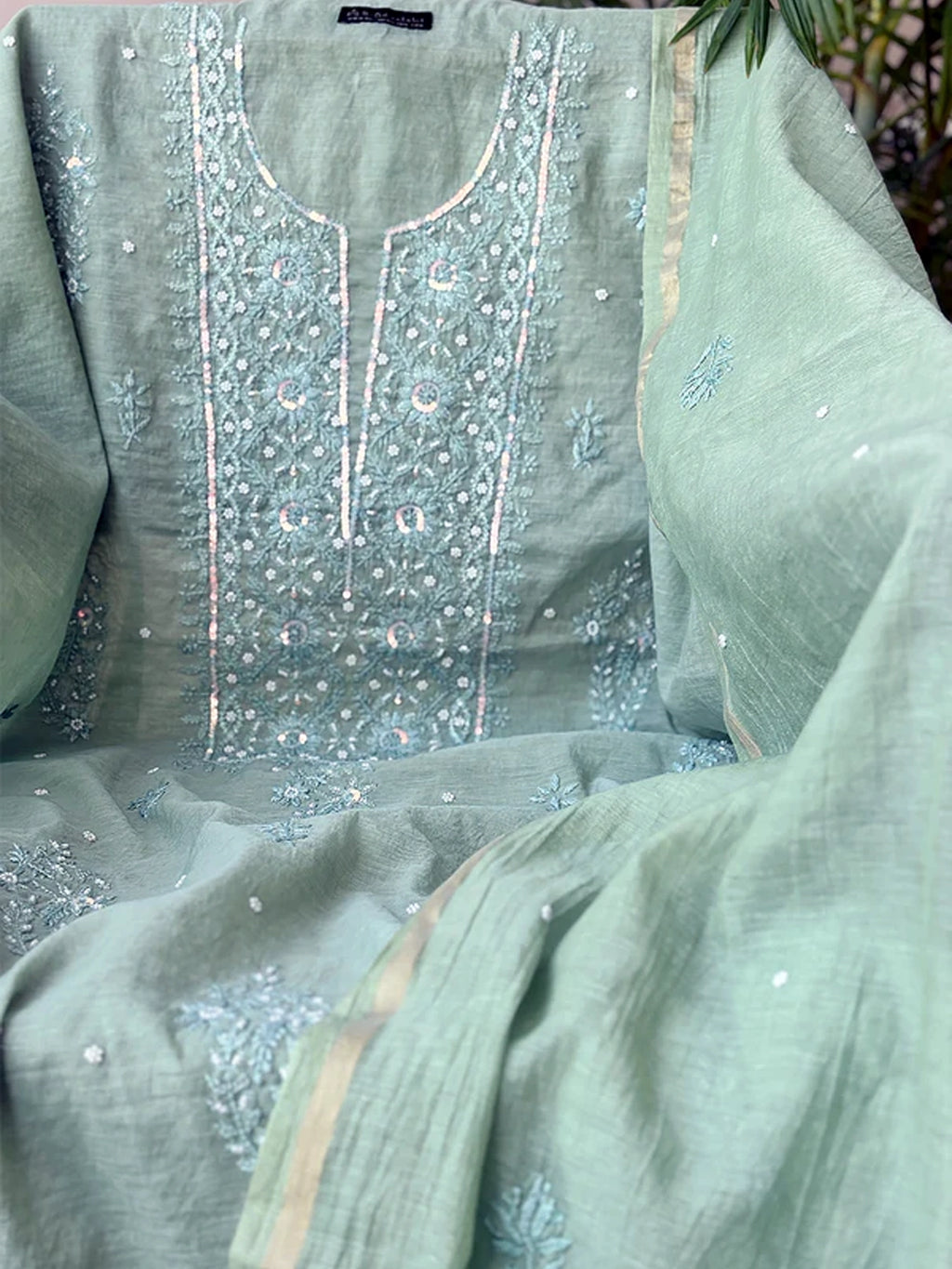 Pista Green Mul Chanderi Chikankari Un-stitched Kurti Piece with Dupatta