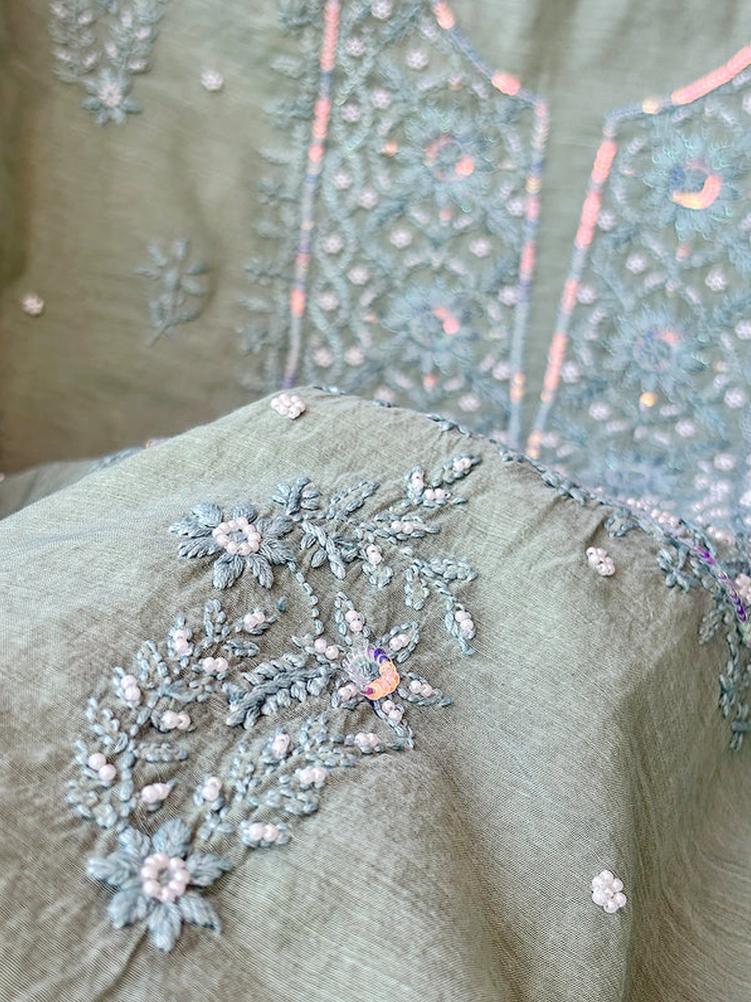 Pista Green Mul Chanderi Chikankari Un-stitched Kurti Piece with Dupatta