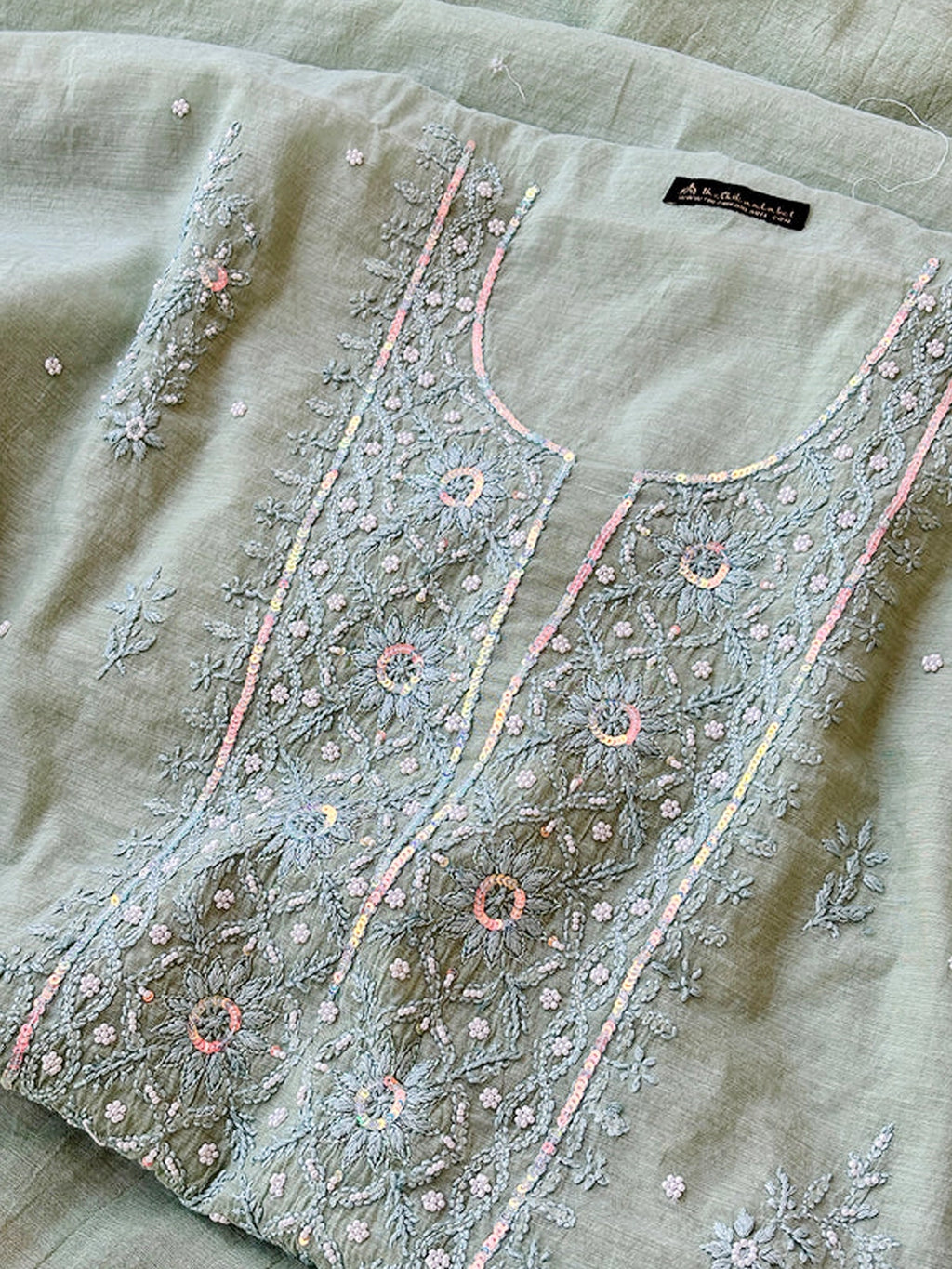 Pista Green Mul Chanderi Chikankari Un-stitched Kurti Piece with Dupatta