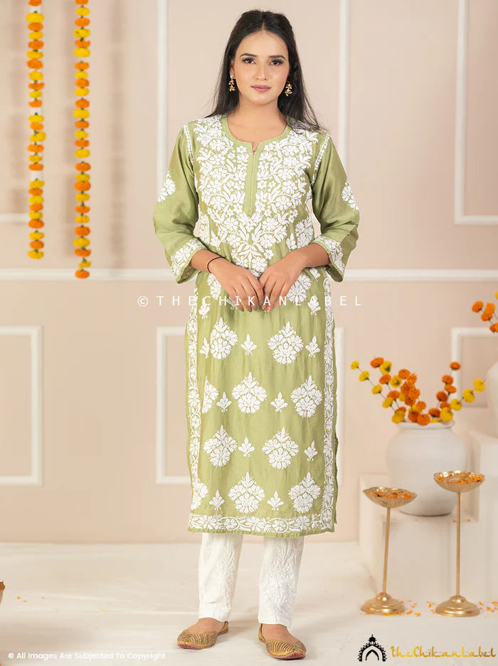 Uzma Chikankari Kurta - Pista Green