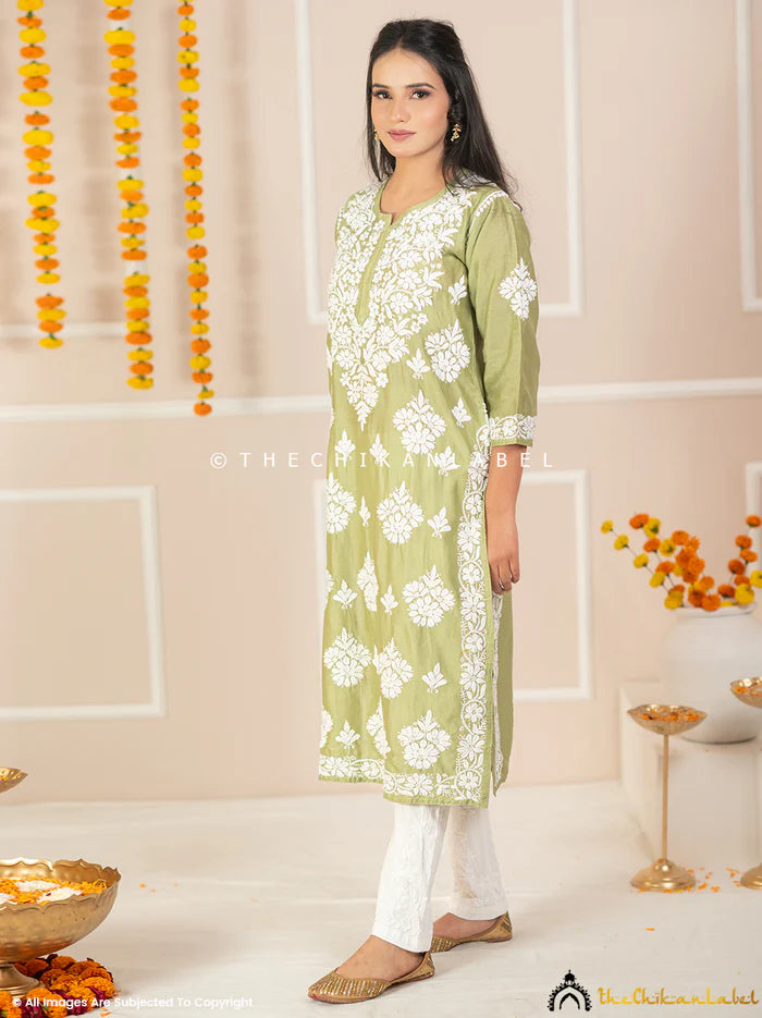 Uzma Chikankari Kurta - Pista Green