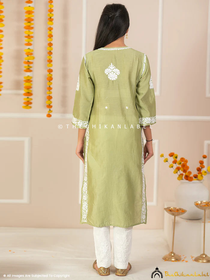 Uzma Chikankari Kurta - Pista Green