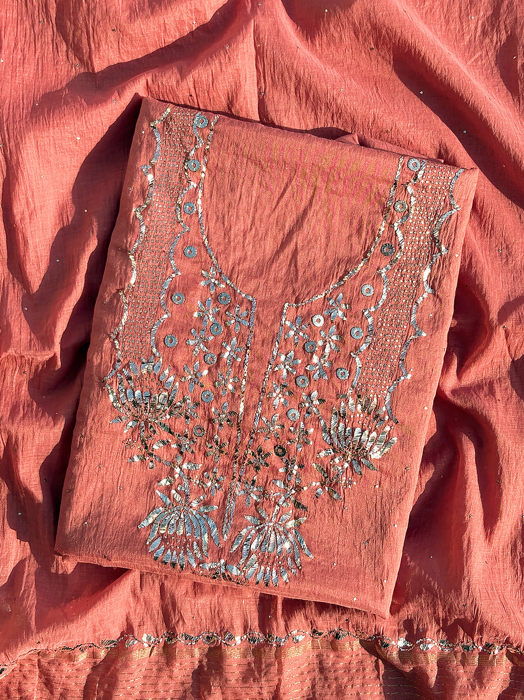 Presha Mul Chanderi Unstitched Kurti Piece with Dupatta - Peach