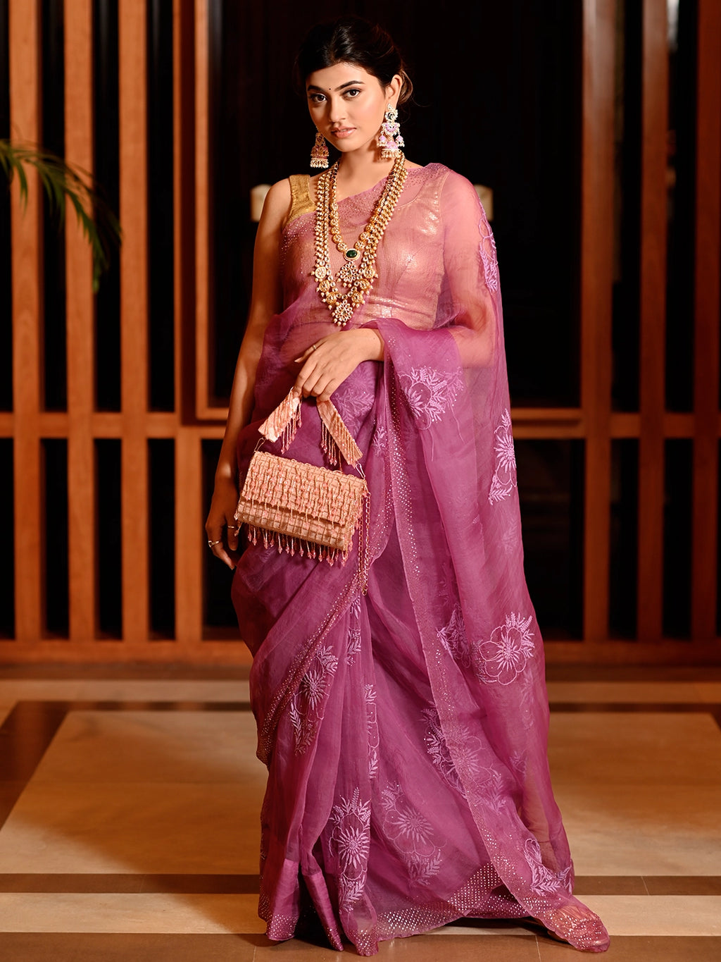 Wine Eesha Organza Chikankari Embroidered Saree