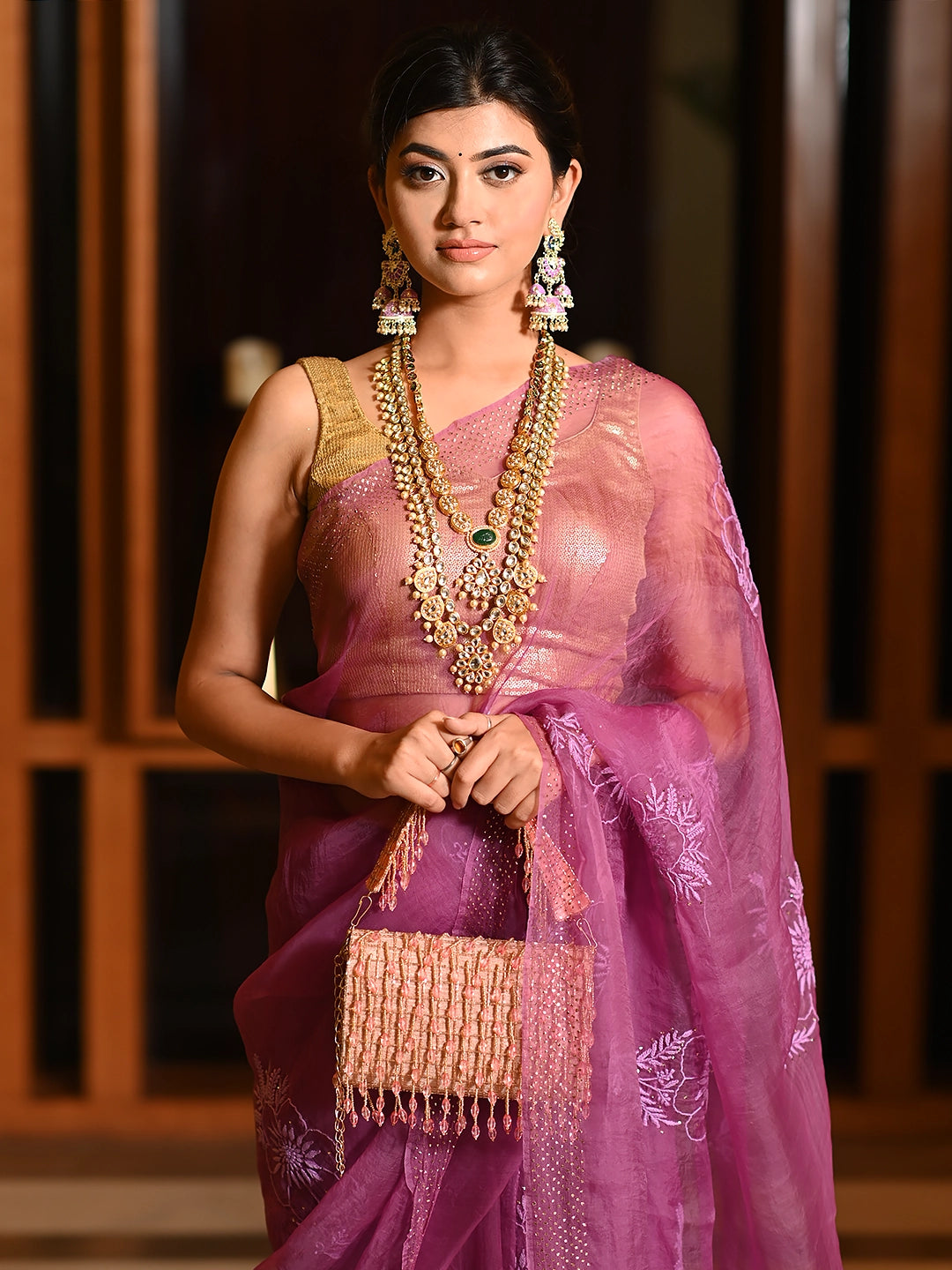 Wine Eesha Organza Chikankari Embroidered Saree