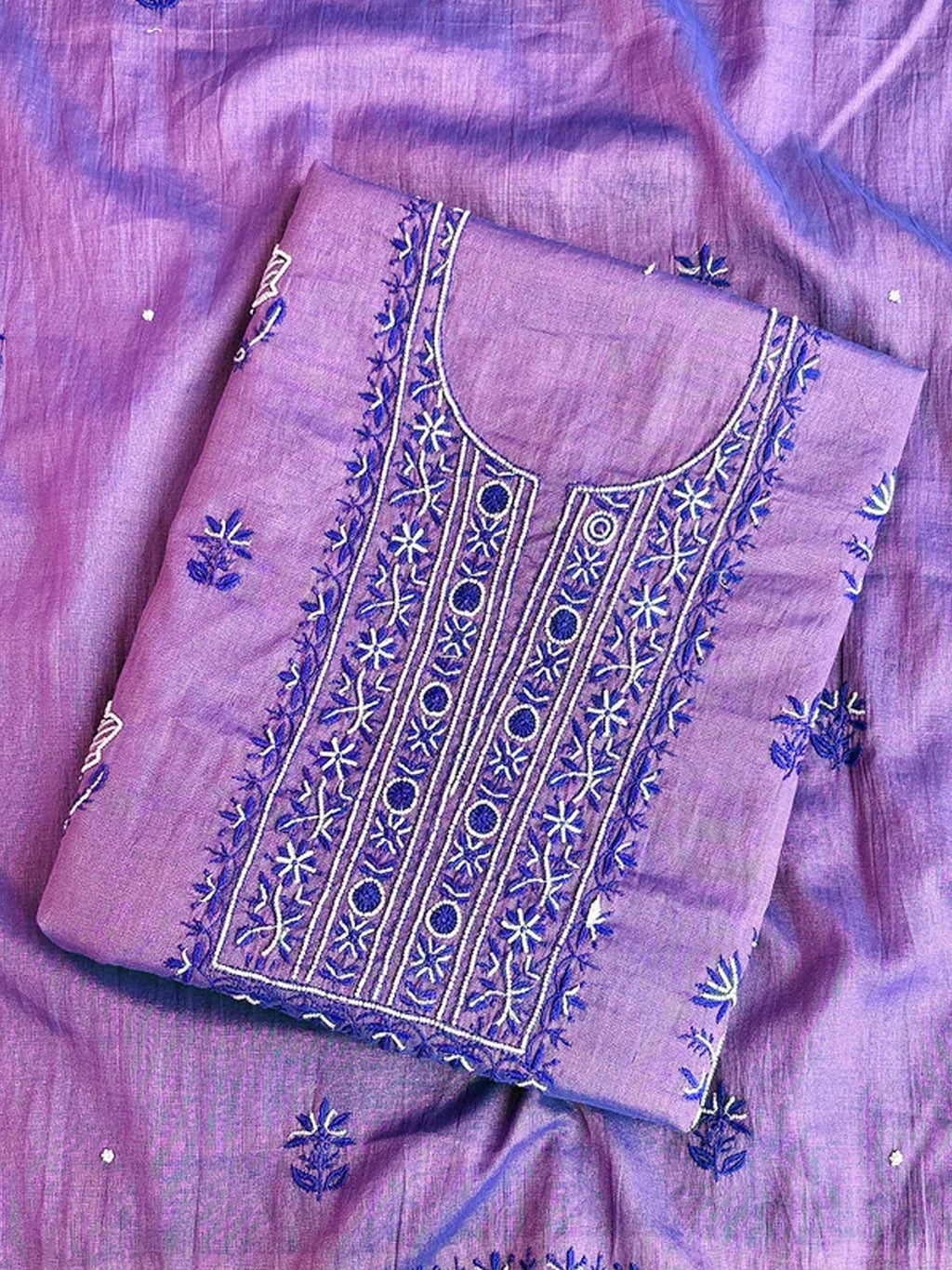 Purple Tissue Silk Chikankari Un-stitched Kurti Piece with Dupatta