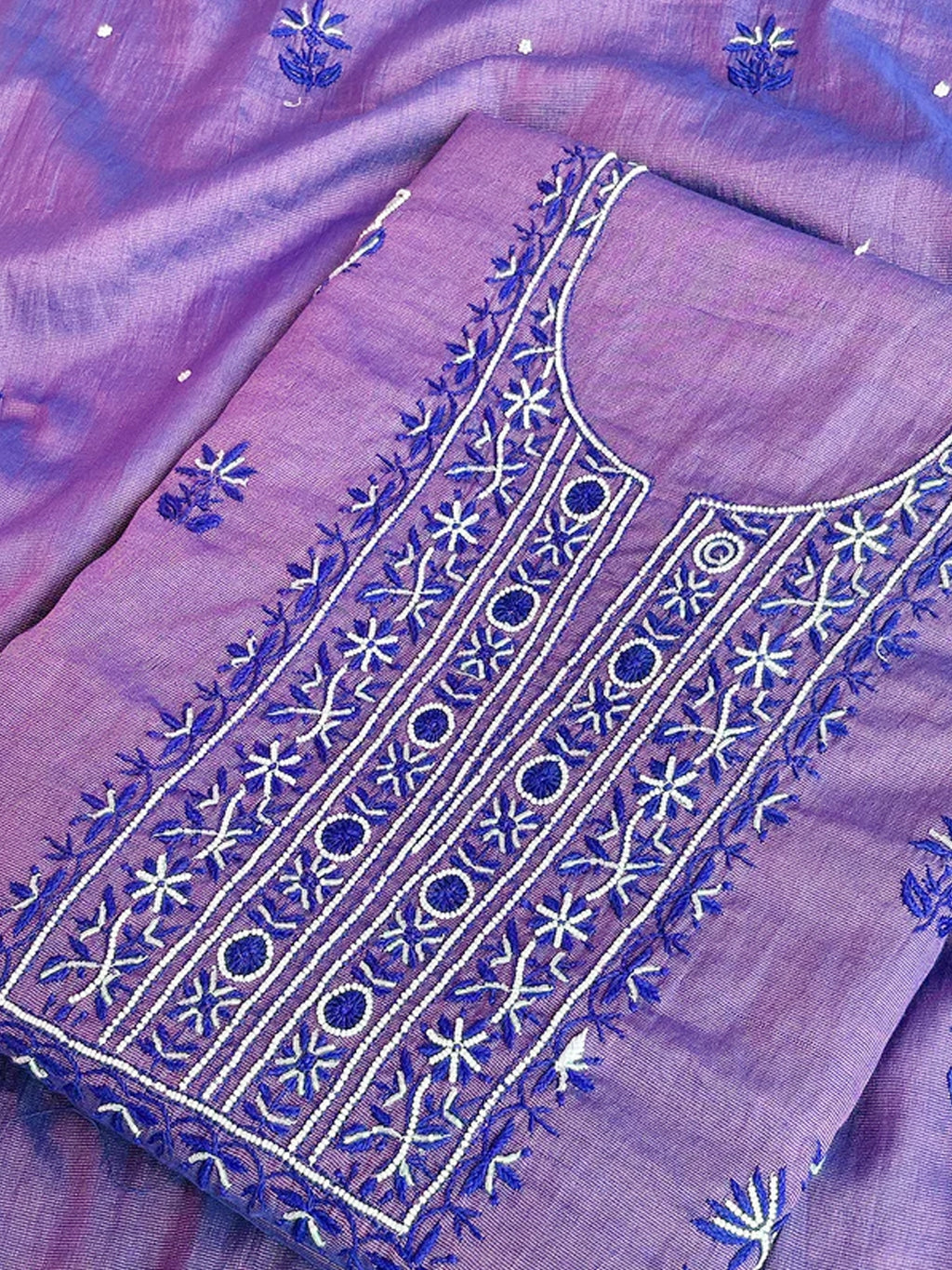 Purple Tissue Silk Chikankari Un-stitched Kurti Piece with Dupatta