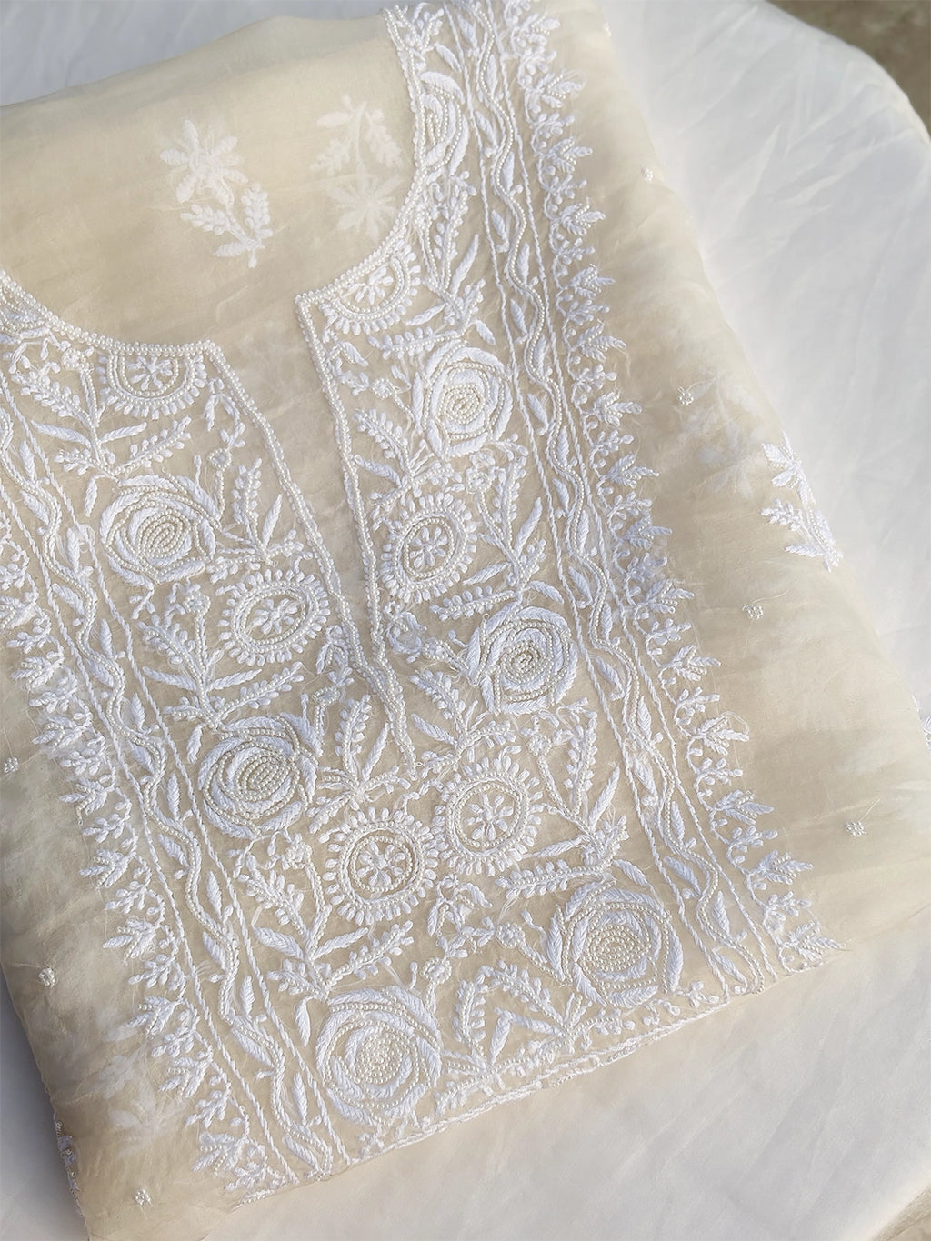 Qirat Organza Chikankari Kurti Piece with Dupatta - White