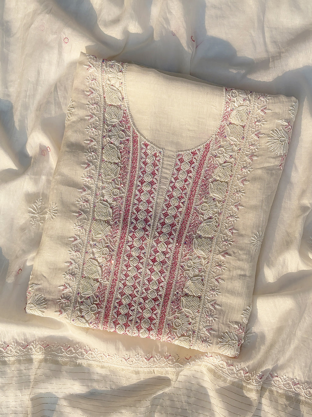 Raha Mul Chanderi Unstitched Kurti Piece with Dupatta - Pink