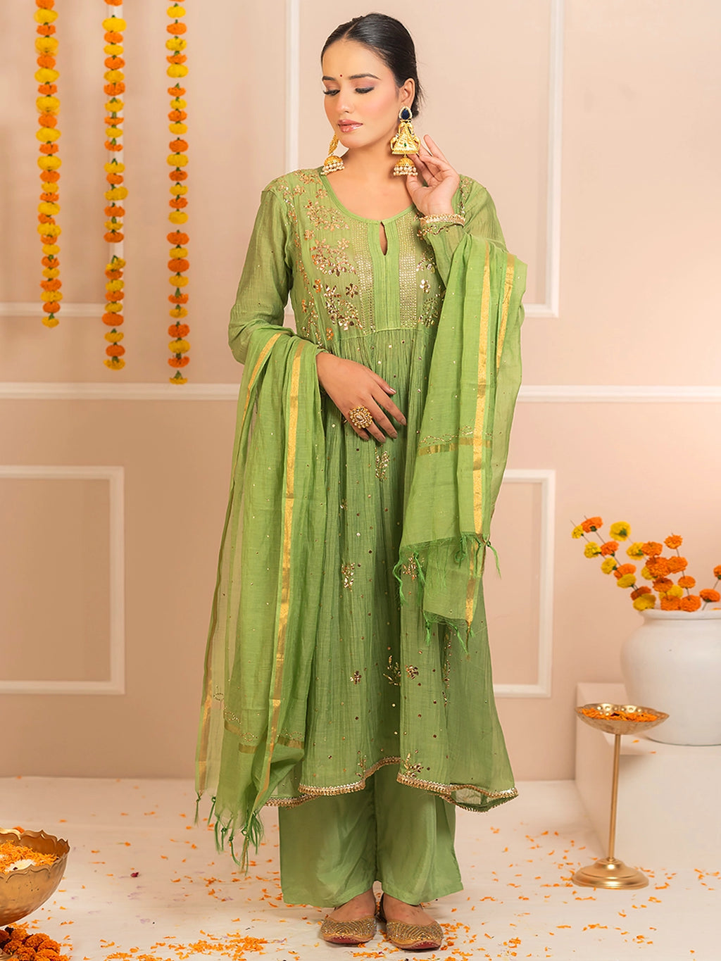 Green Arzoo Mul Chanderi Chikankari Kurta Set