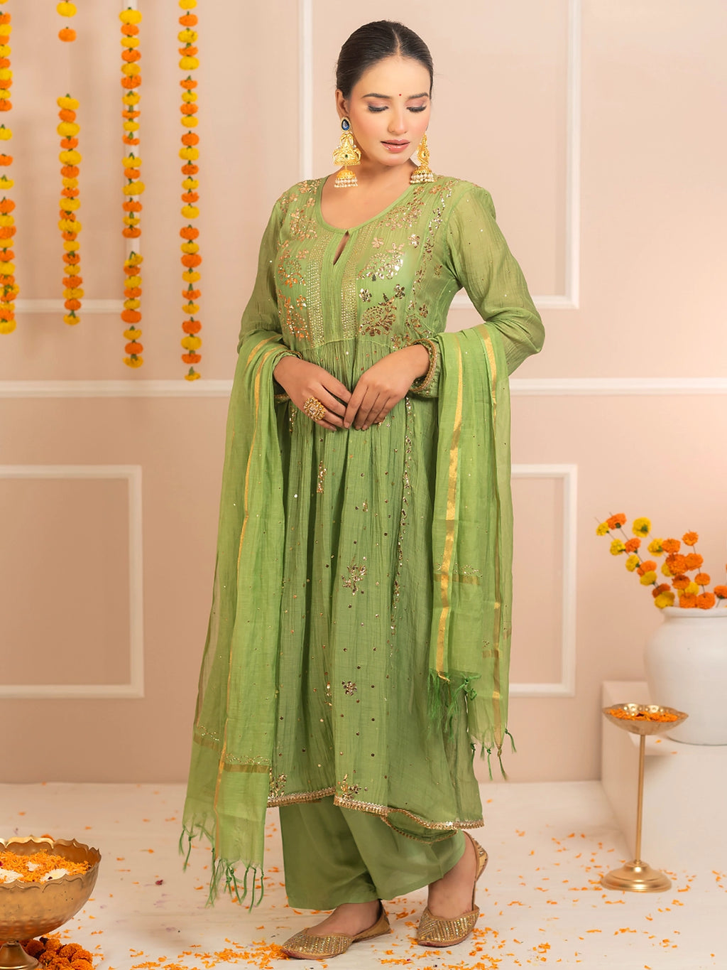 Green Arzoo Mul Chanderi Chikankari Kurta Set