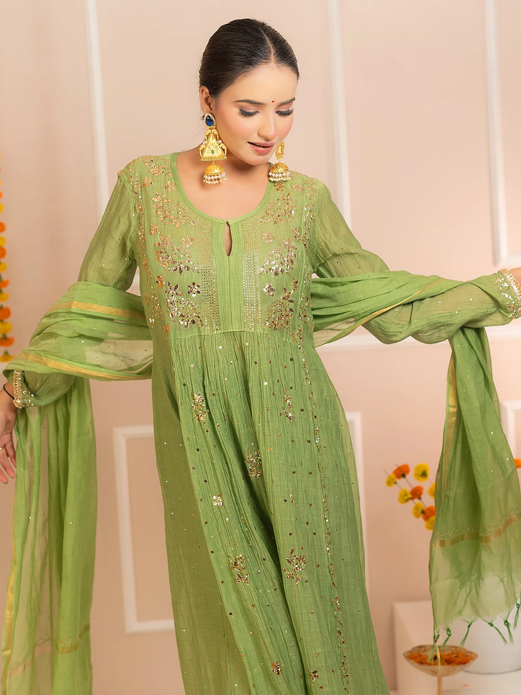 Green Arzoo Mul Chanderi Chikankari Kurta Set