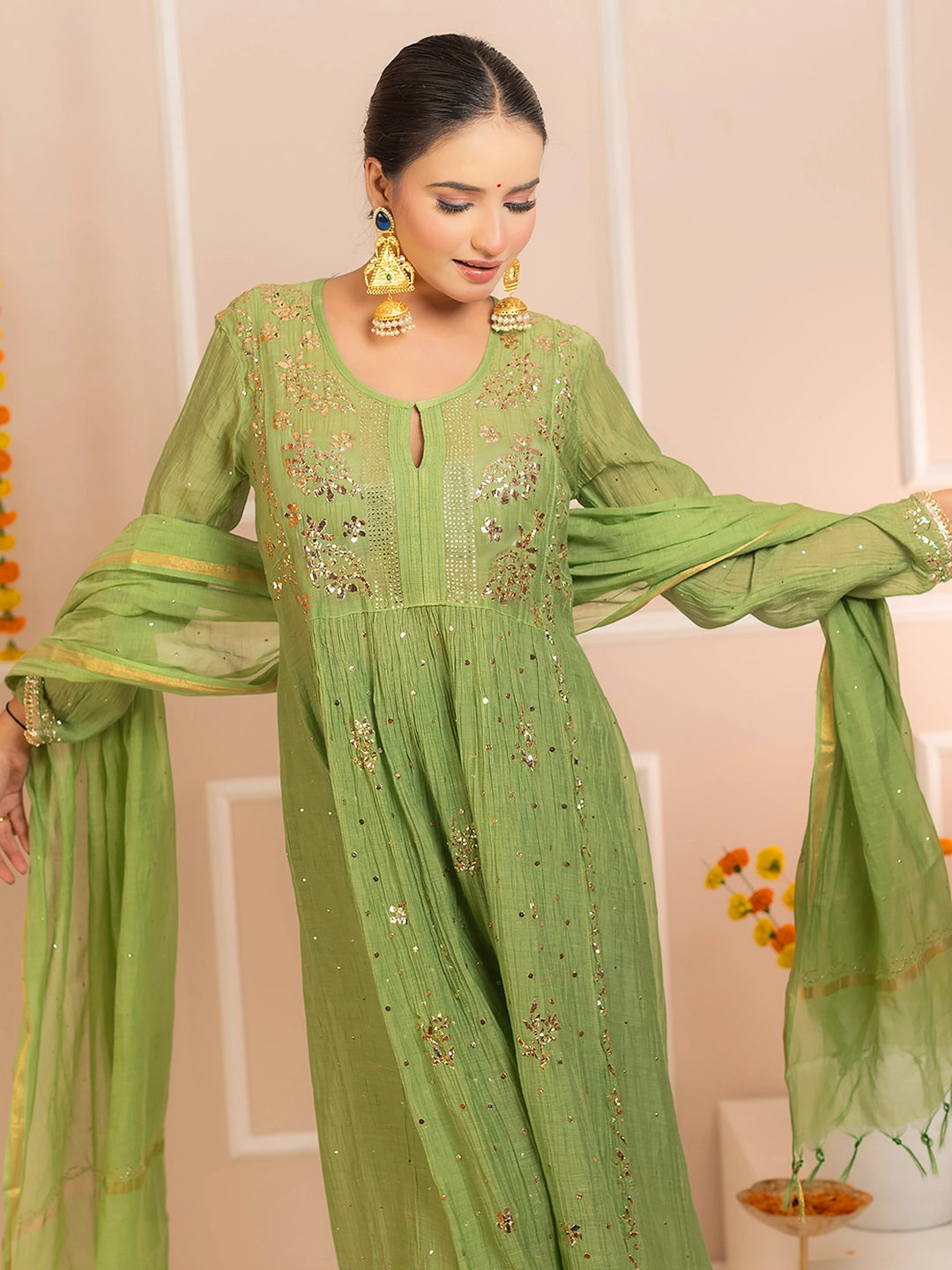 Green Arzoo Mul Chanderi Chikankari Kurta Set