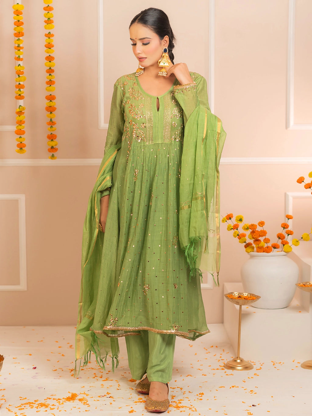 Green Arzoo Mul Chanderi Chikankari Kurta Set