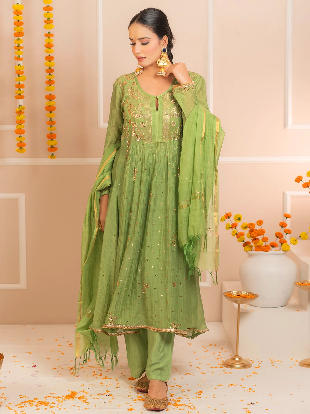 Green Arzoo Mul Chanderi Chikankari Kurta Set