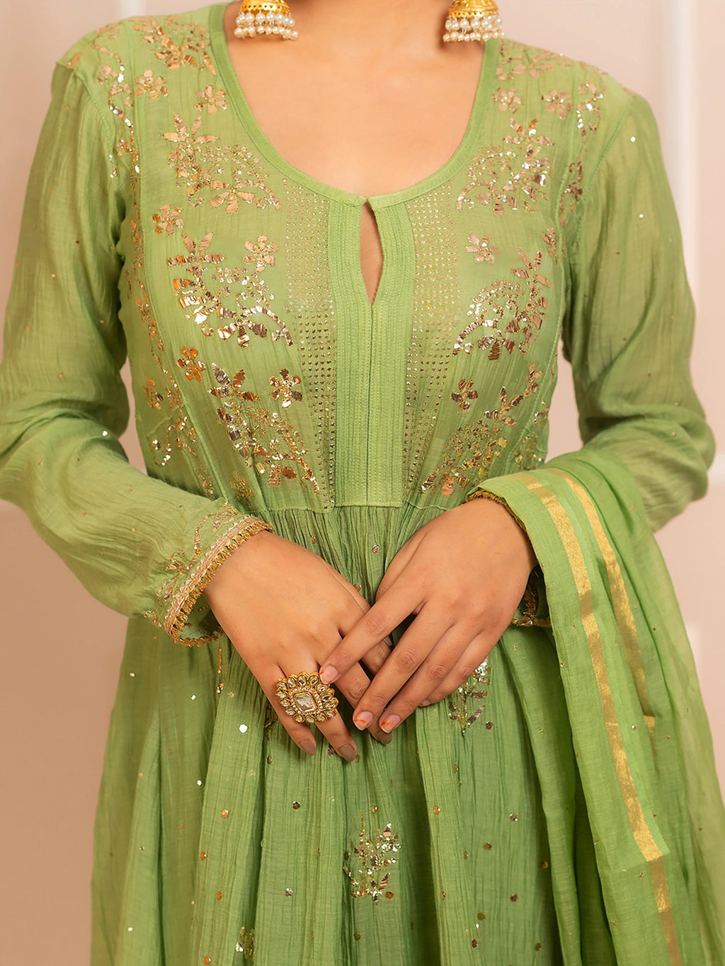 Green Arzoo Mul Chanderi Chikankari Kurta Set
