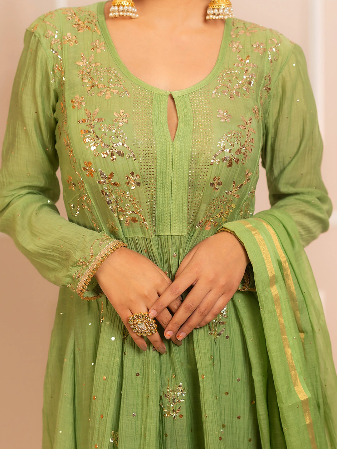 Green Arzoo Mul Chanderi Chikankari Kurta Set