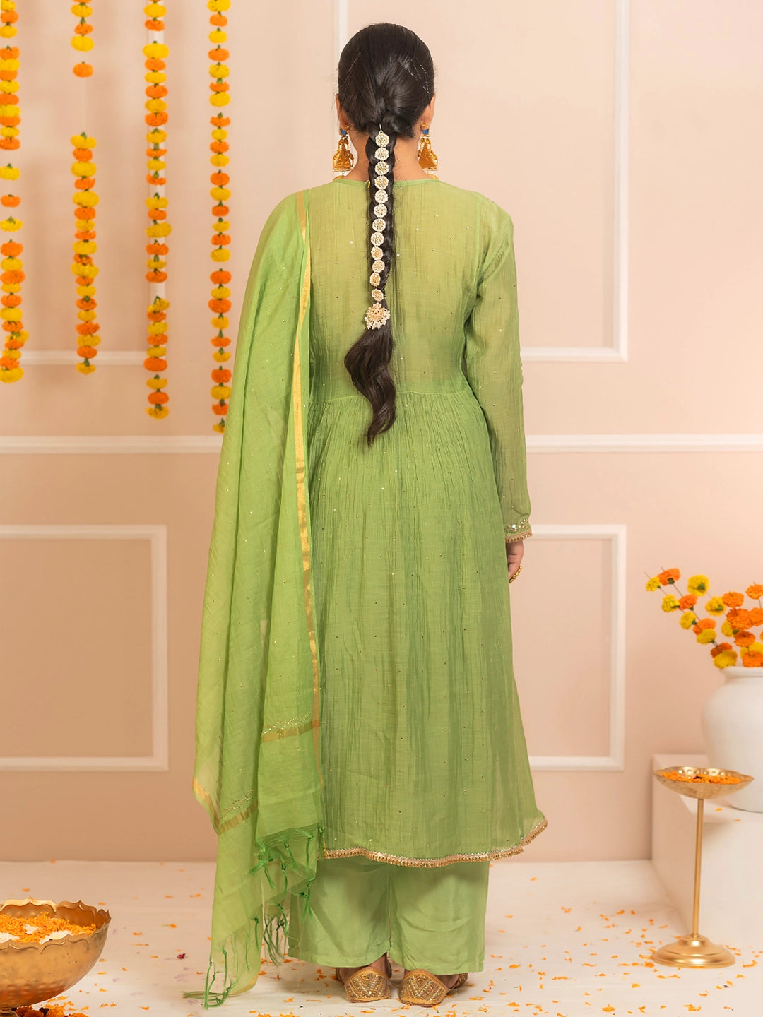 Green Arzoo Mul Chanderi Chikankari Kurta Set