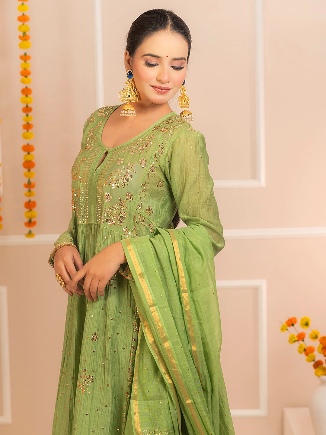 Green Arzoo Mul Chanderi Chikankari Kurta Set