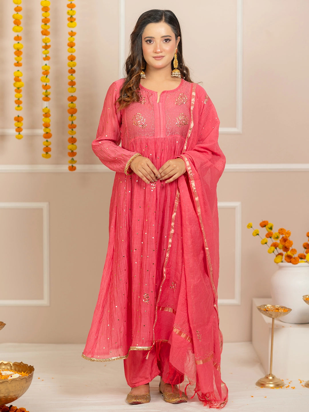 Peach Arzoo Mul Chanderi Chikankari Kurta Set