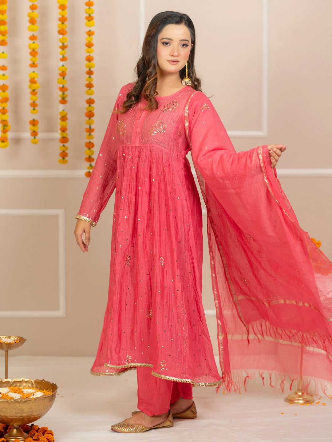 Peach Arzoo Mul Chanderi Chikankari Kurta Set