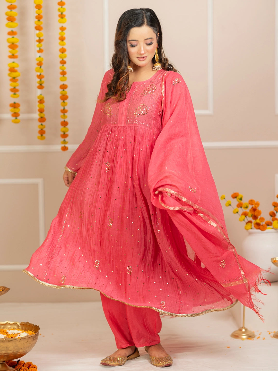 Peach Arzoo Mul Chanderi Chikankari Kurta Set
