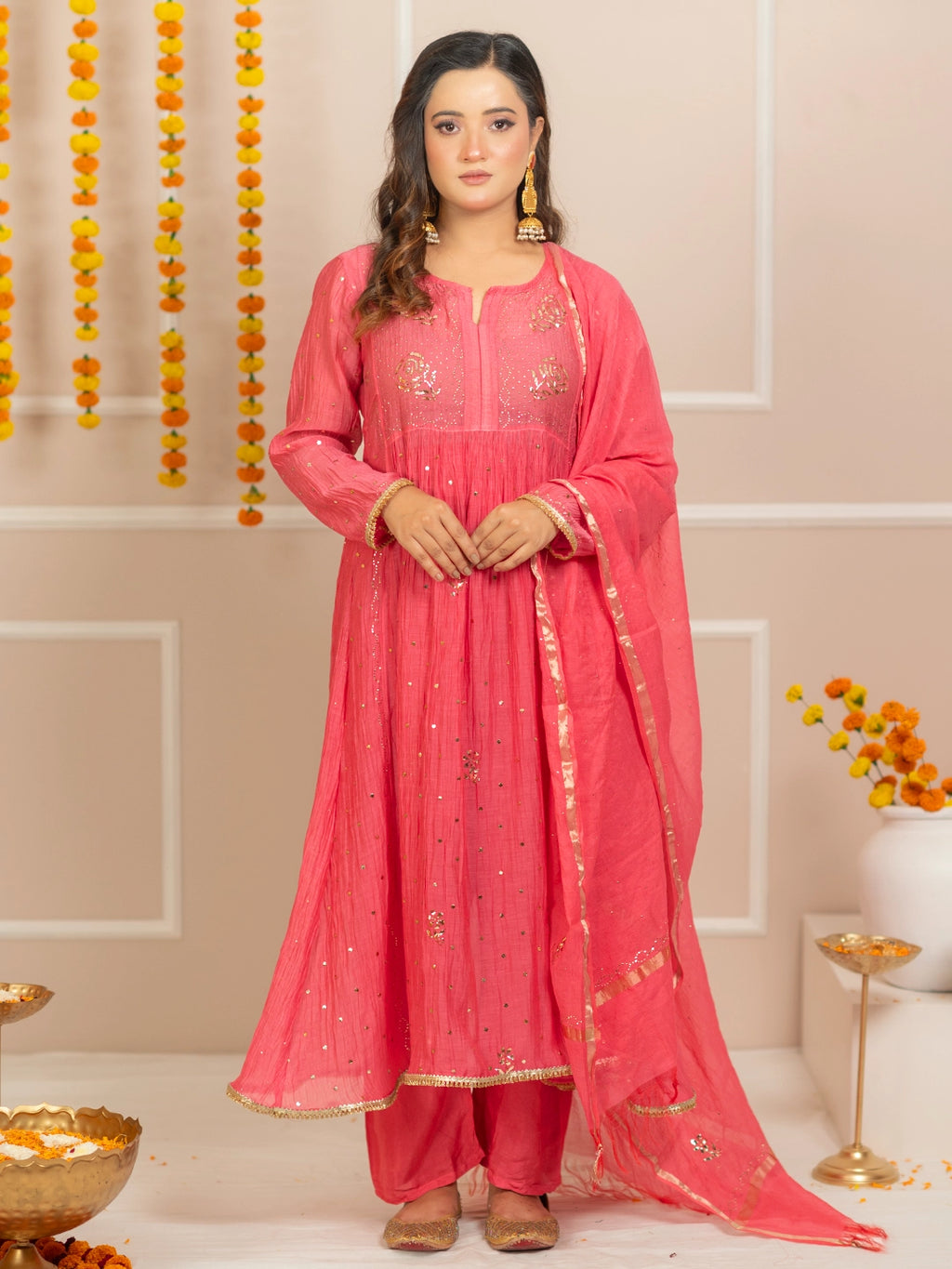 Peach Arzoo Mul Chanderi Chikankari Kurta Set