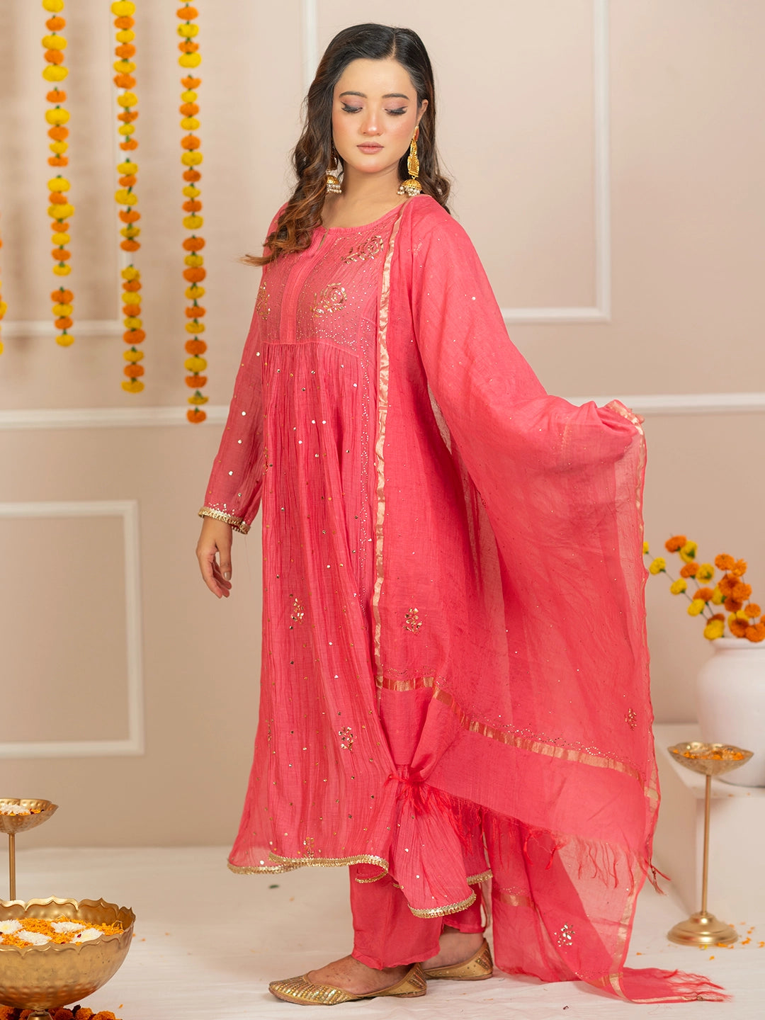Peach Arzoo Mul Chanderi Chikankari Kurta Set