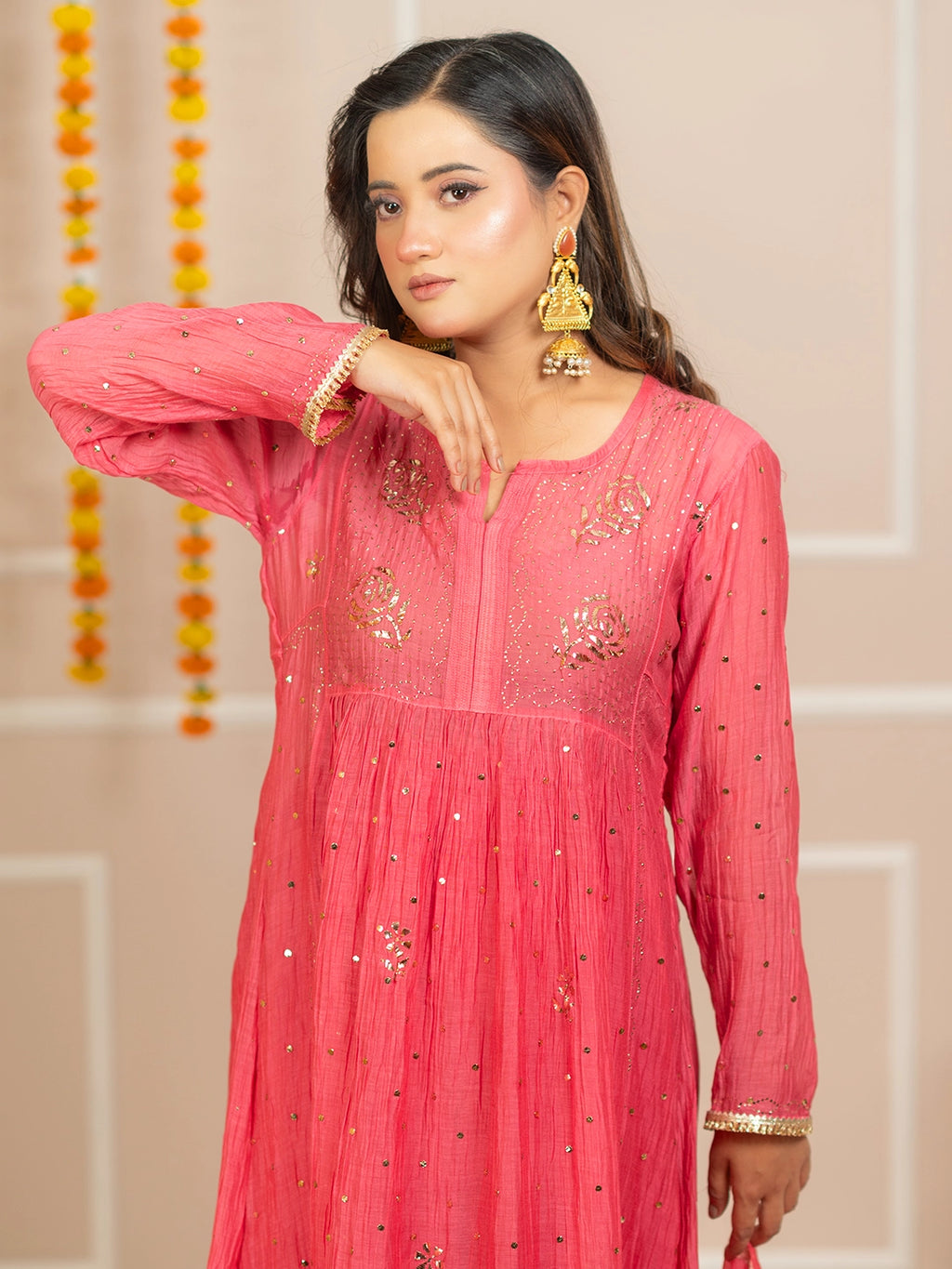 Peach Arzoo Mul Chanderi Chikankari Kurta Set
