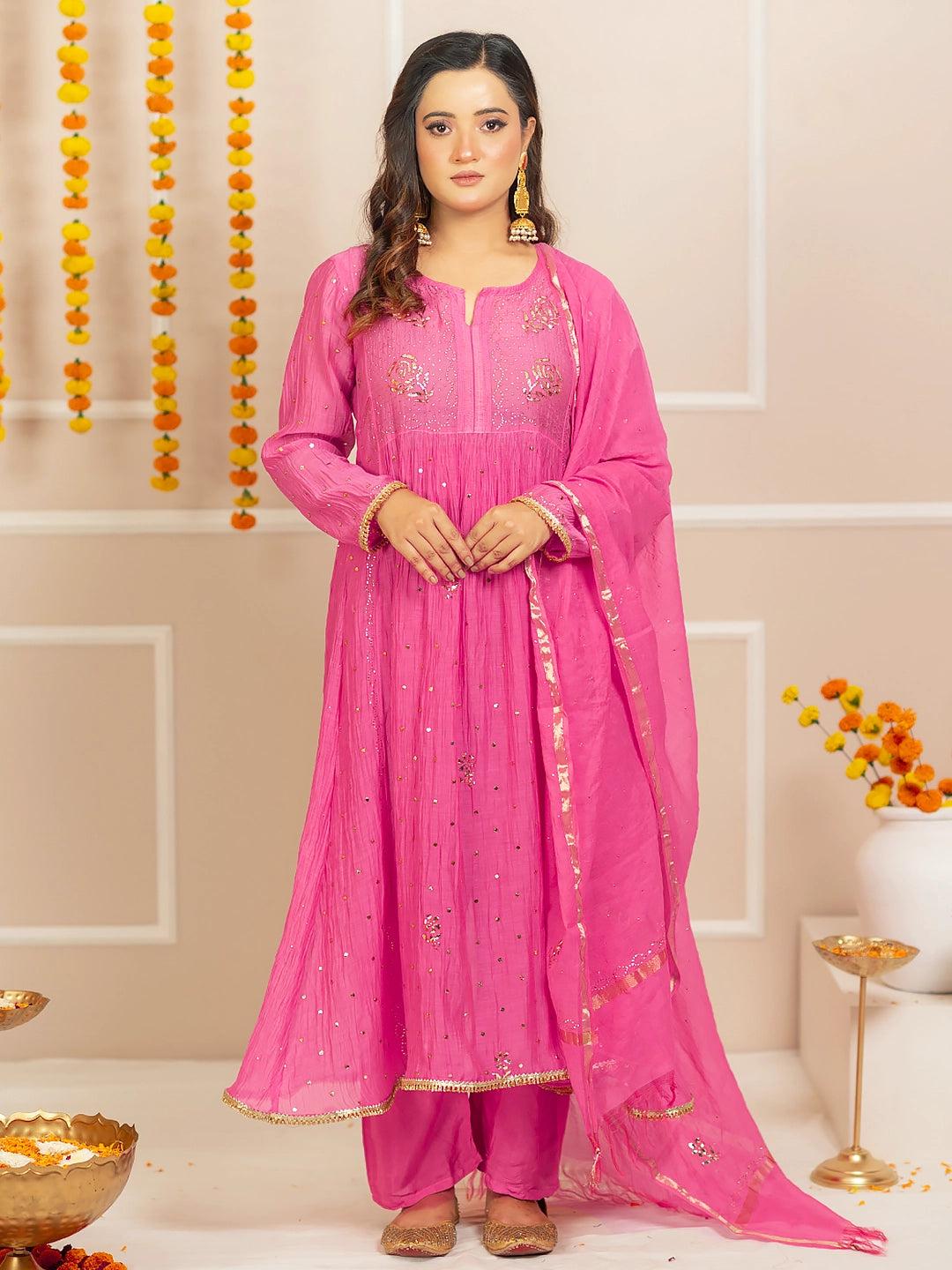 Pink Arzoo Mul Chanderi Chikankari Kurta Set