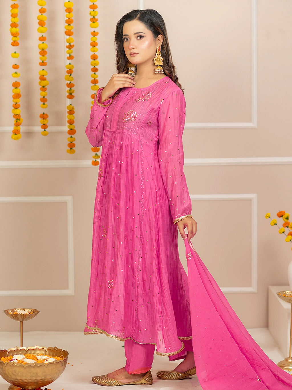Pink Arzoo Mul Chanderi Chikankari Kurta Set
