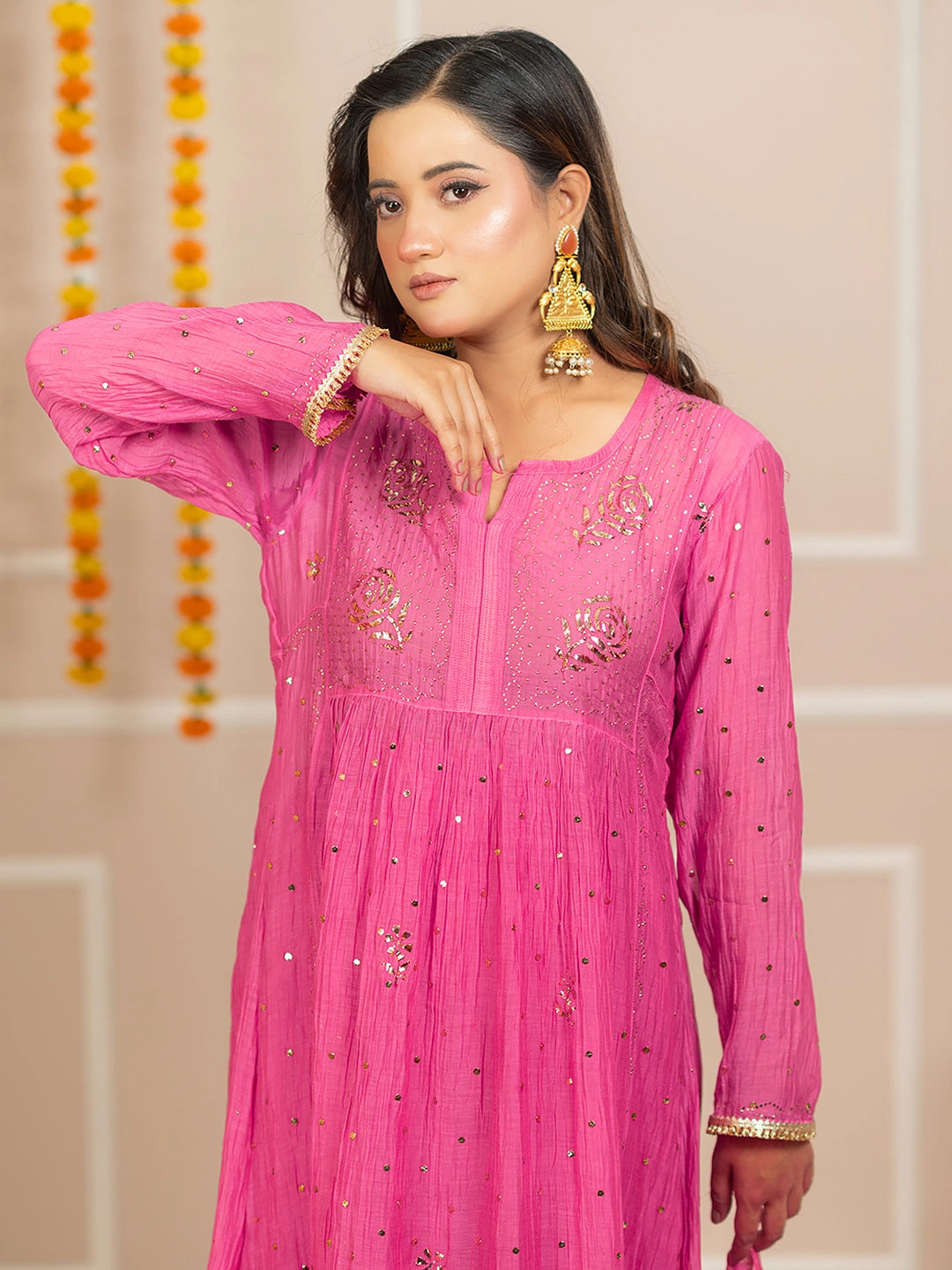 Pink Arzoo Mul Chanderi Chikankari Kurta Set