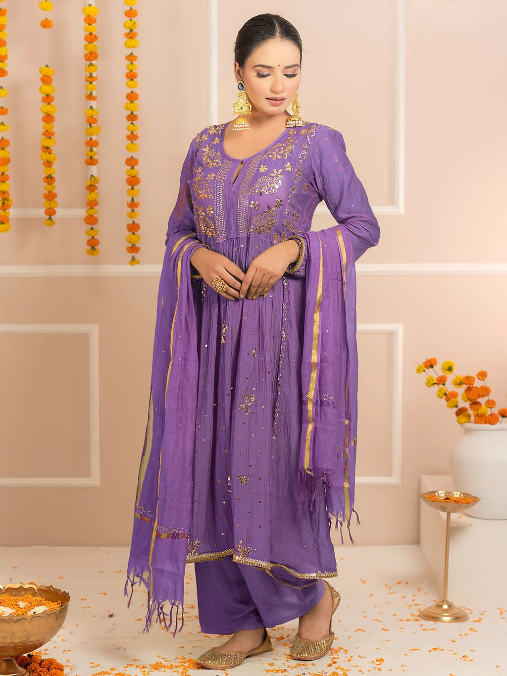 Purple Arzoo Mul Chanderi Chikankari Kurta Set