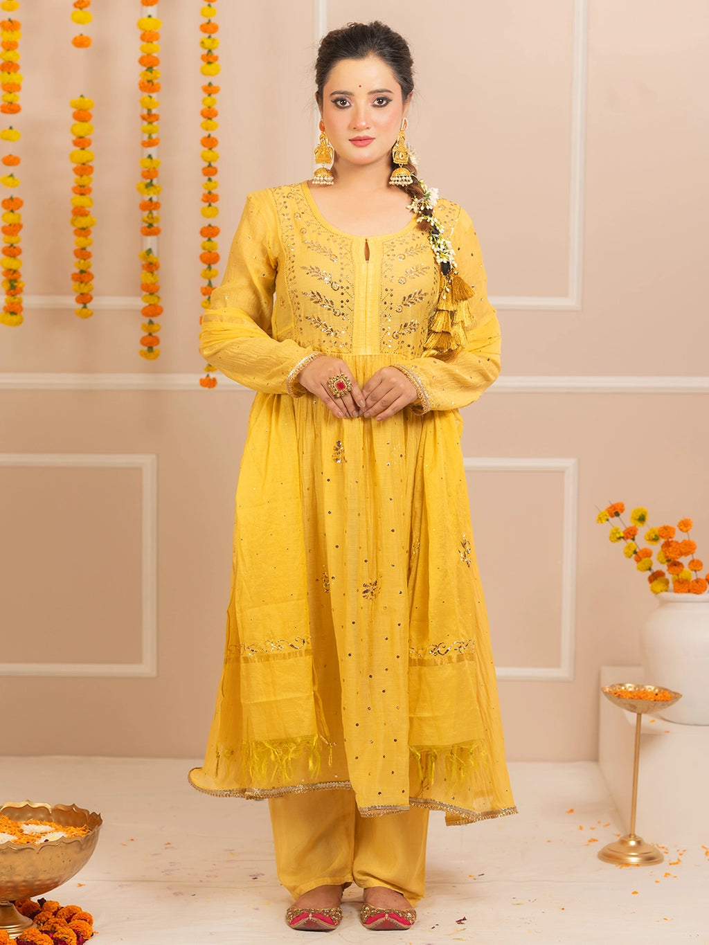 Yellow Arzoo Mul Chanderi Chikankari Kurta Set