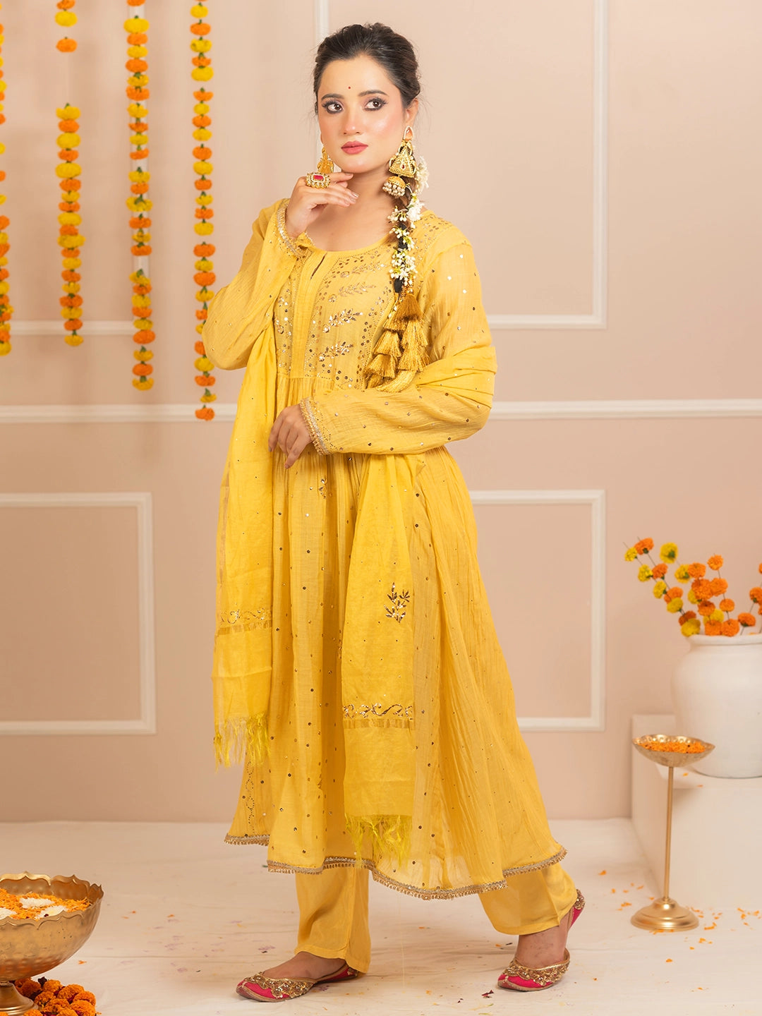 Yellow Arzoo Mul Chanderi Chikankari Kurta Set