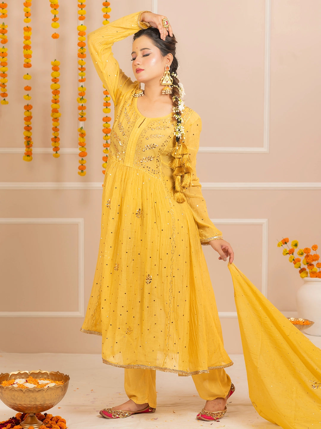 Yellow Arzoo Mul Chanderi Chikankari Kurta Set