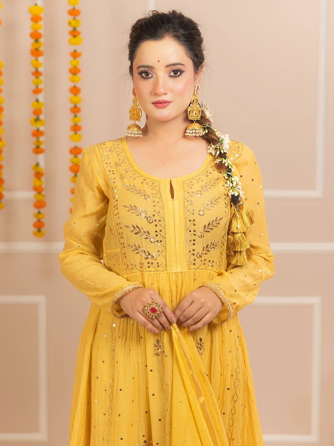 Yellow Arzoo Mul Chanderi Chikankari Kurta Set