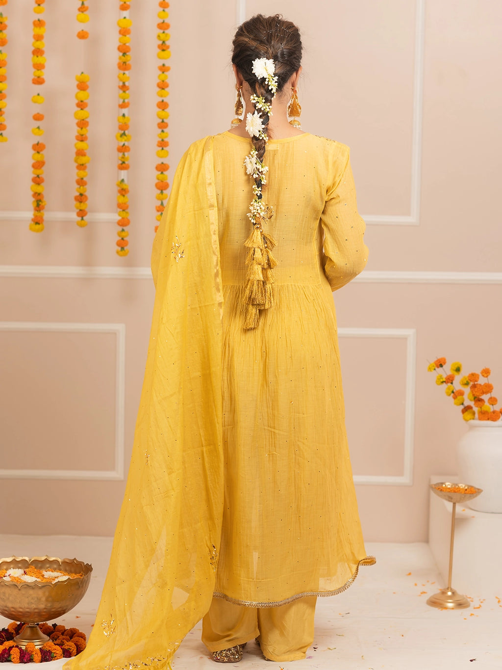 Yellow Arzoo Mul Chanderi Chikankari Kurta Set