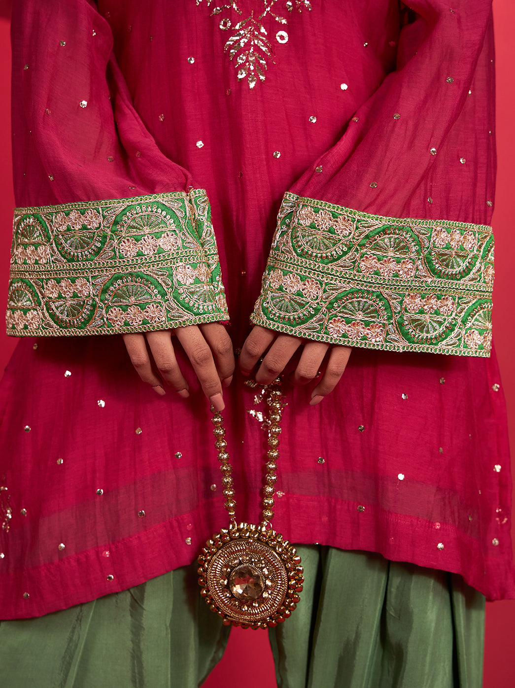 Noorani Mul Chanderi Chikankari Farshi Set Rani Pink & Olive Green