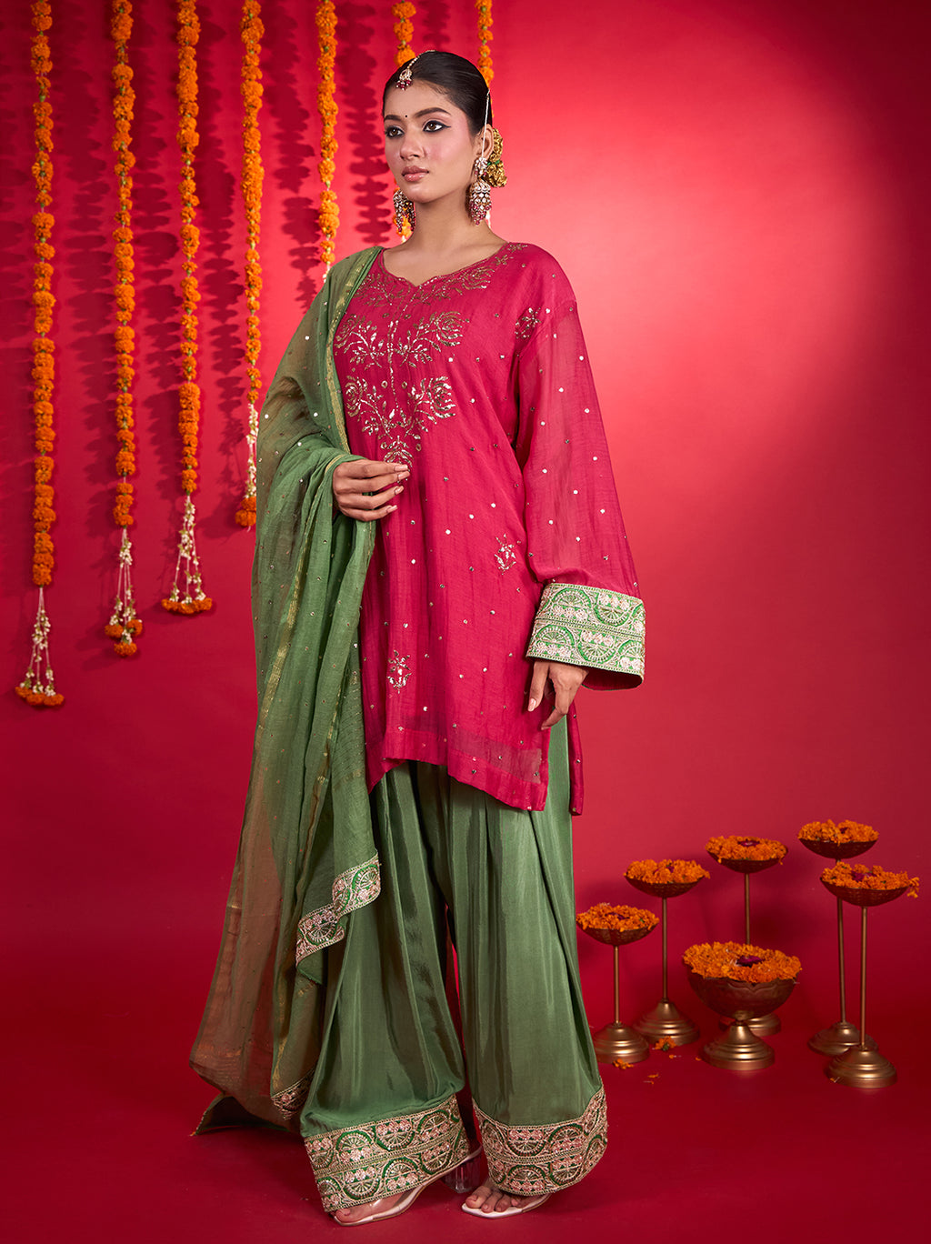 Noorani Mul Chanderi Chikankari Farshi Set Rani Pink & Olive Green