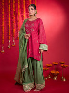 Noorani Mul Chanderi Chikankari Farshi Set Rani Pink & Olive Green