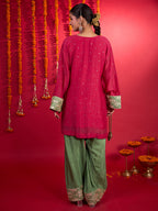 Noorani Mul Chanderi Chikankari Farshi Set Rani Pink & Olive Green