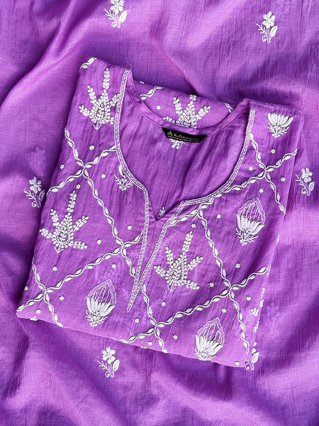 Rasik Mul Chanderi Chikankari Kurti Piece with Dupatta - Purple