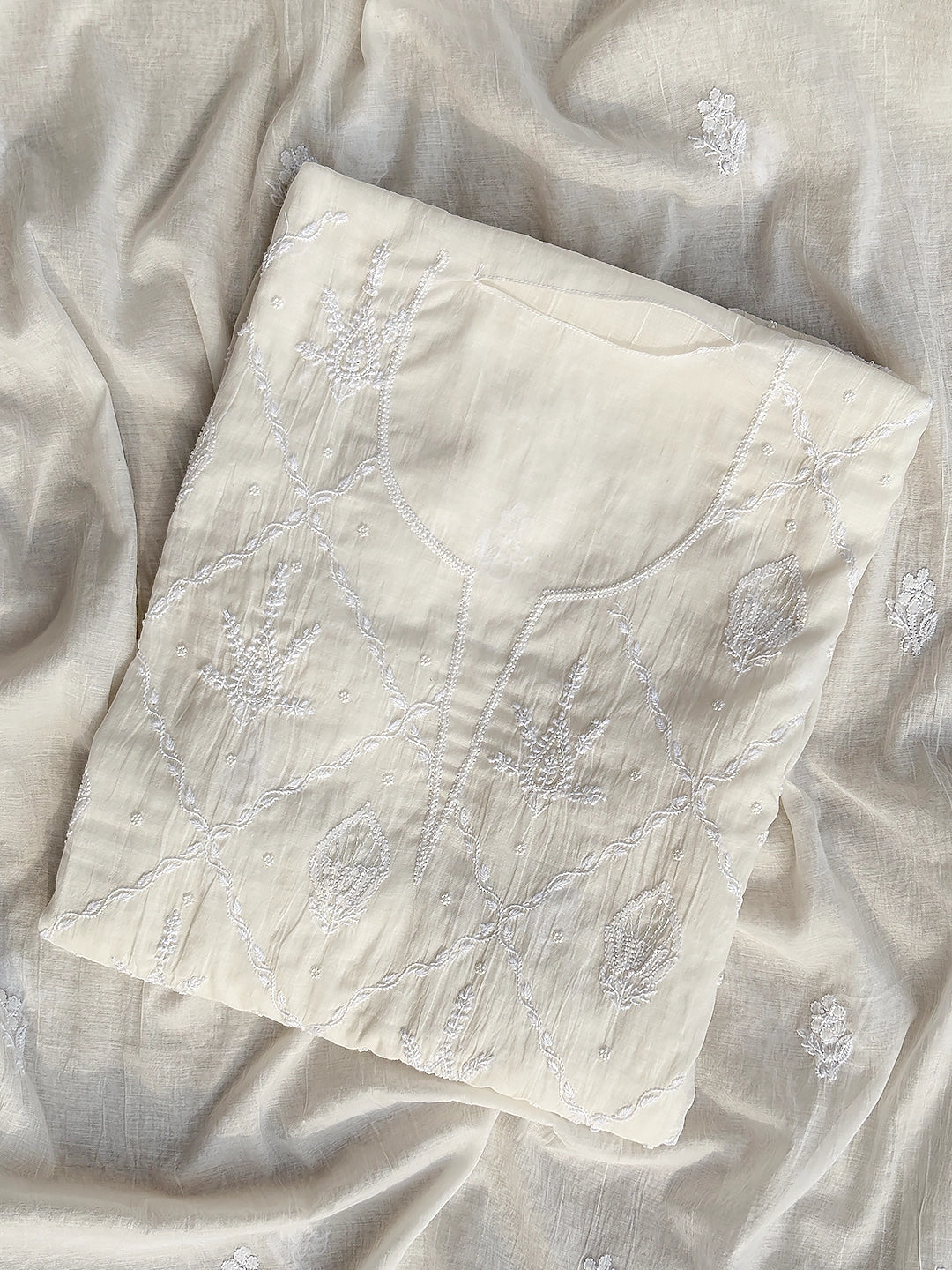 Rasik Mul Chanderi Chikankari Kurti Piece with Dupatta - White