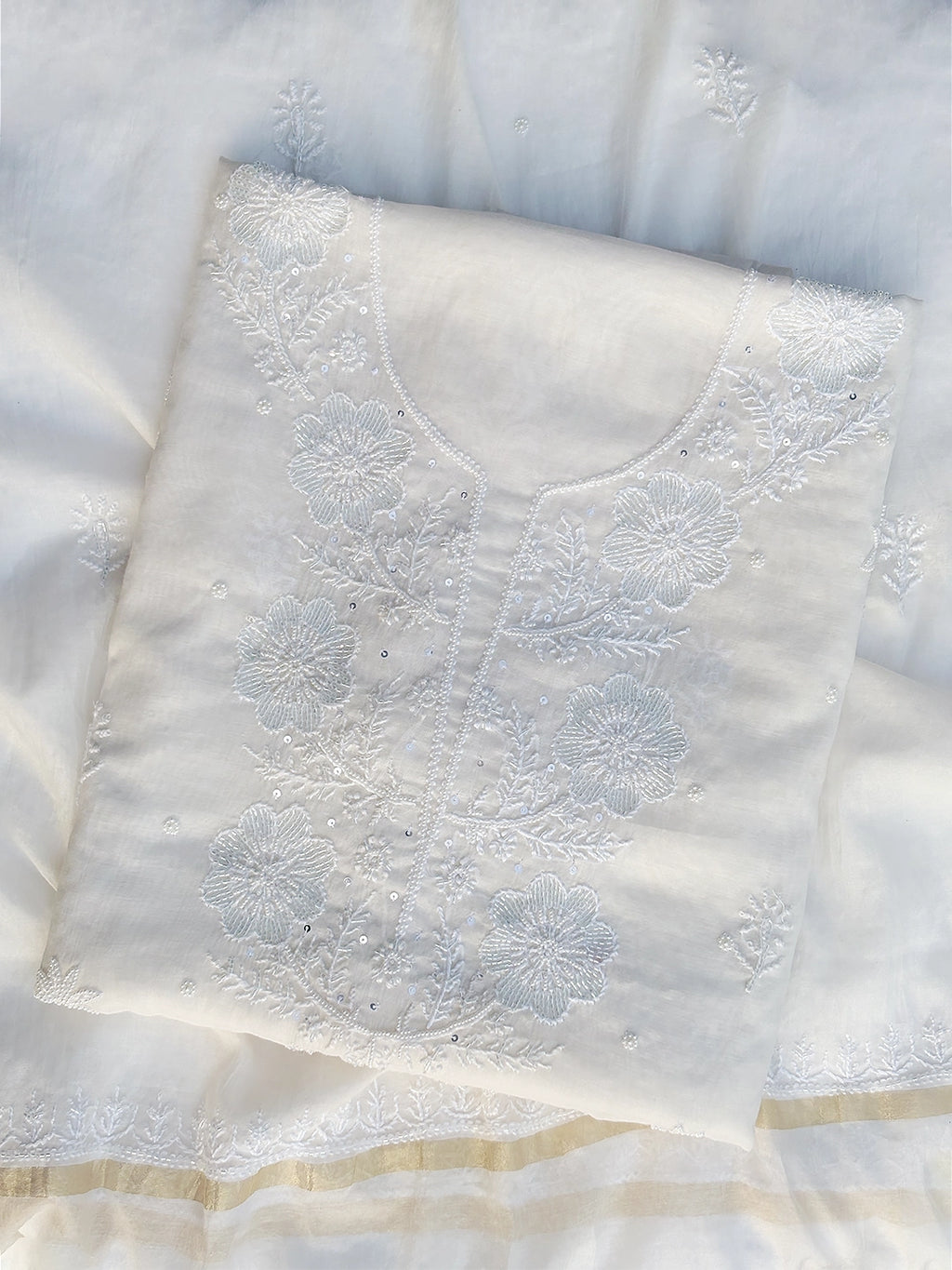 Ravya Mul Chanderi Chikankari Kurti Piece with Dupatta - White