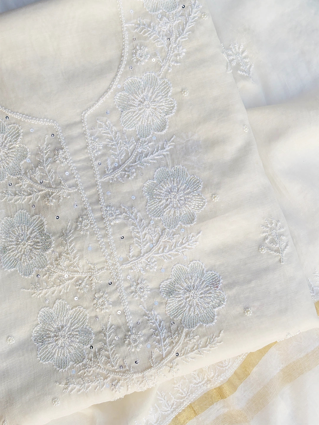 Ravya Mul Chanderi Chikankari Kurti Piece with Dupatta - White