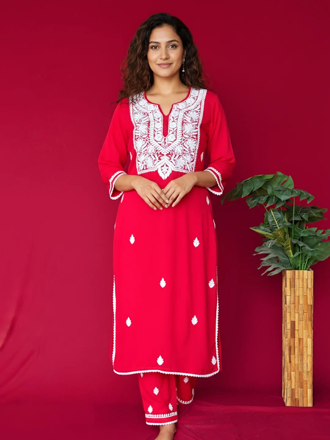 Adda Modal Chikankari Kurta Set - Red